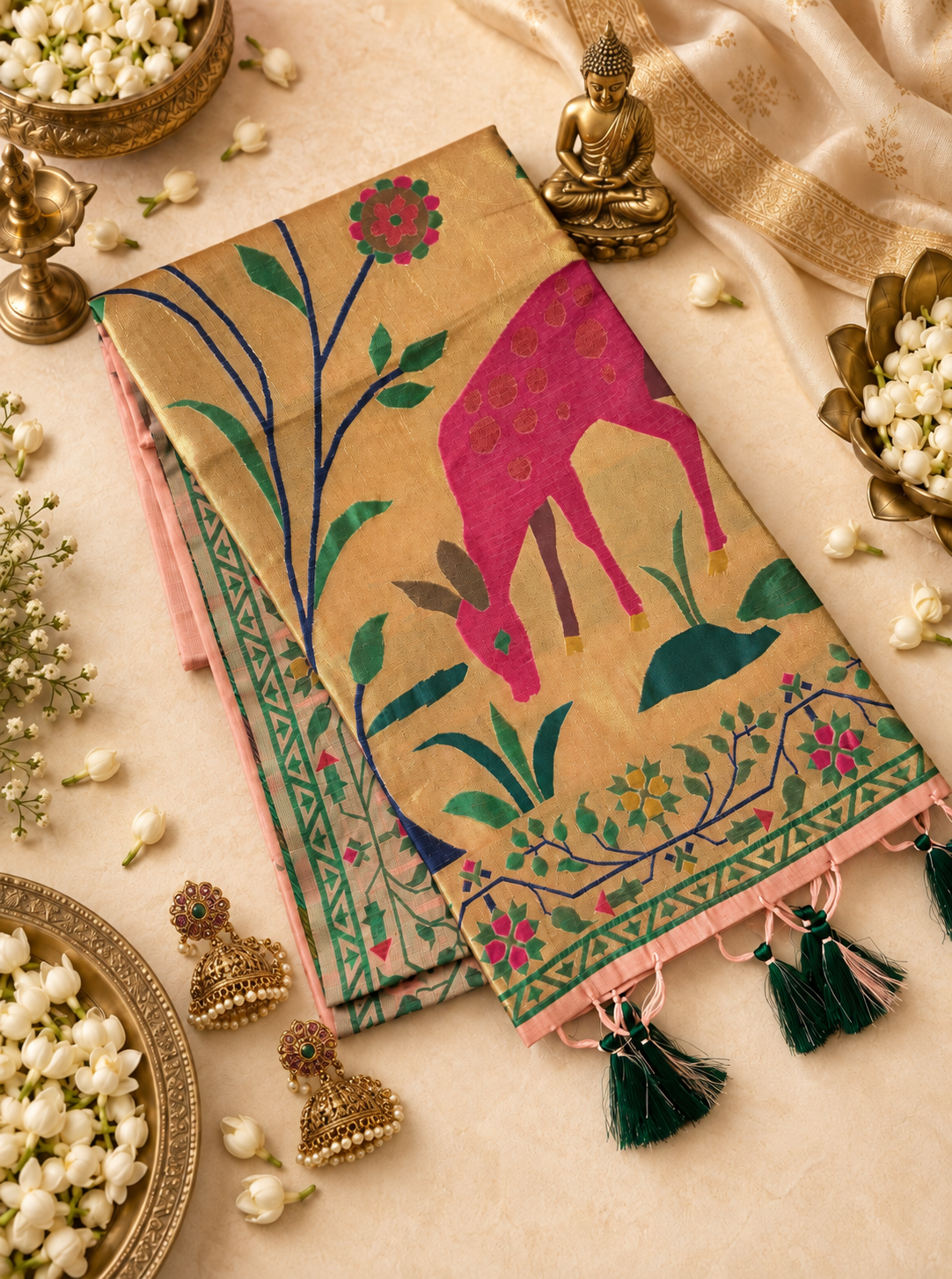 Elegant Muga Cotton Paithani Saree with Woven Deer Motif
