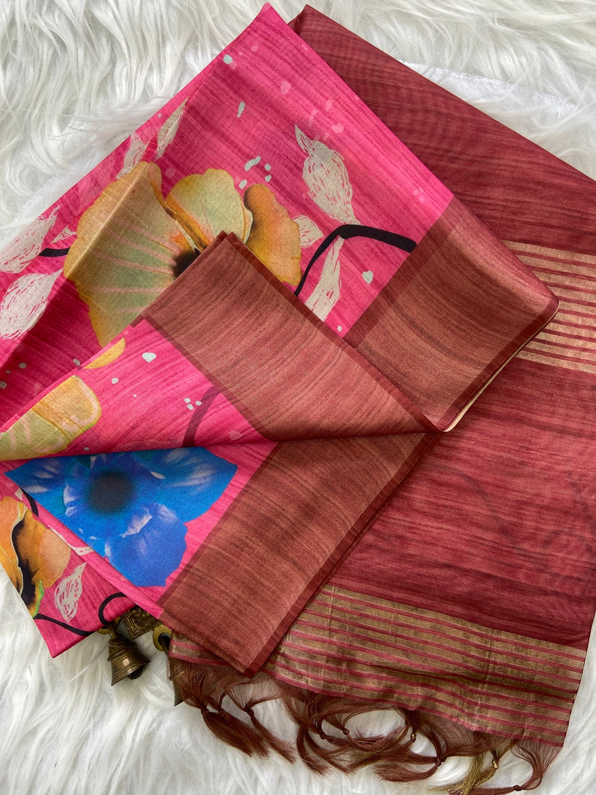 Malvika Pink-Maroon Floral Print Soft Tussar Silk Saree