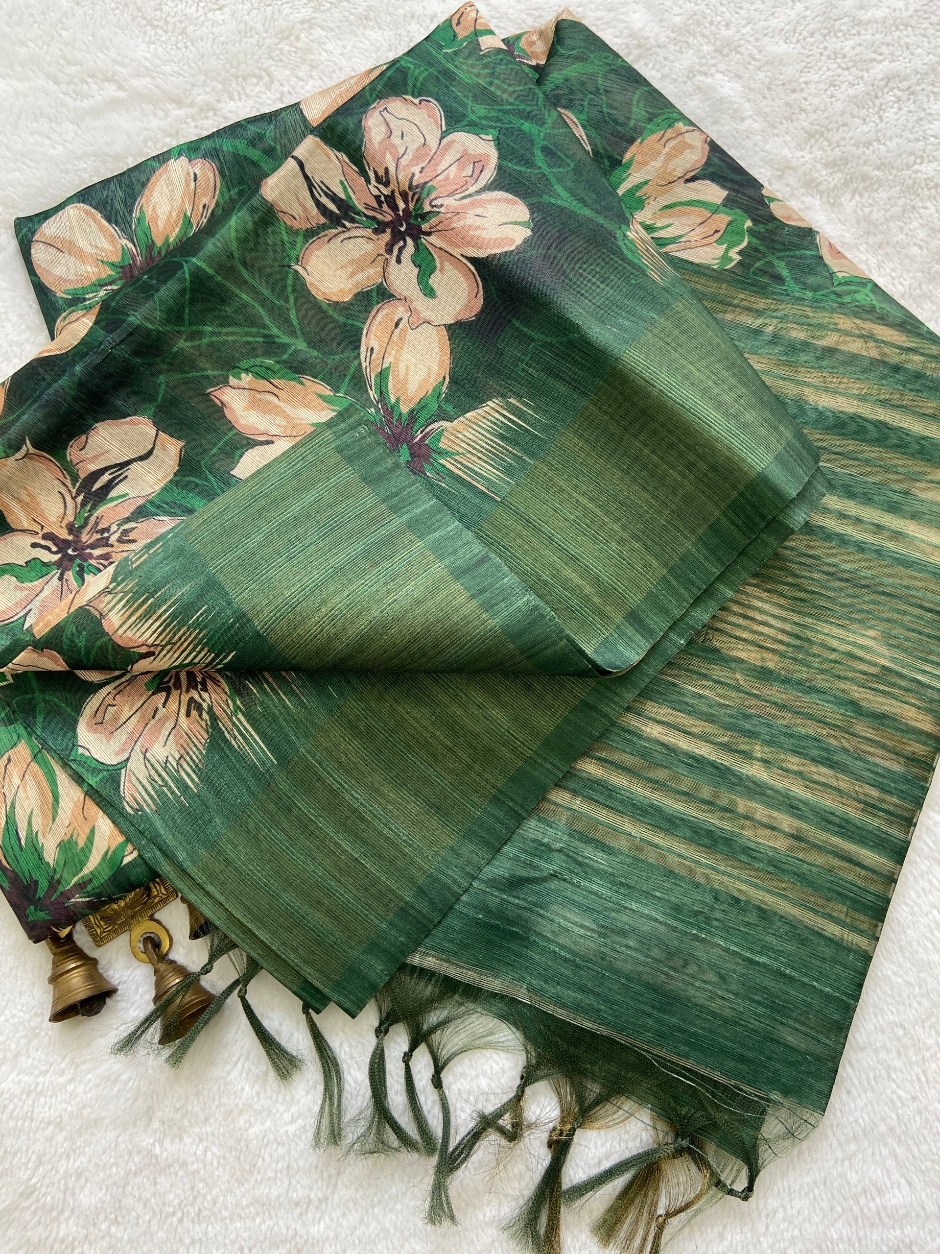 Emerald Green Floral Prints Soft Tussar Silk Saree with Tassel Pallu