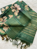 Emerald Green Floral Prints Soft Tussar Silk Saree with Tassel Pallu