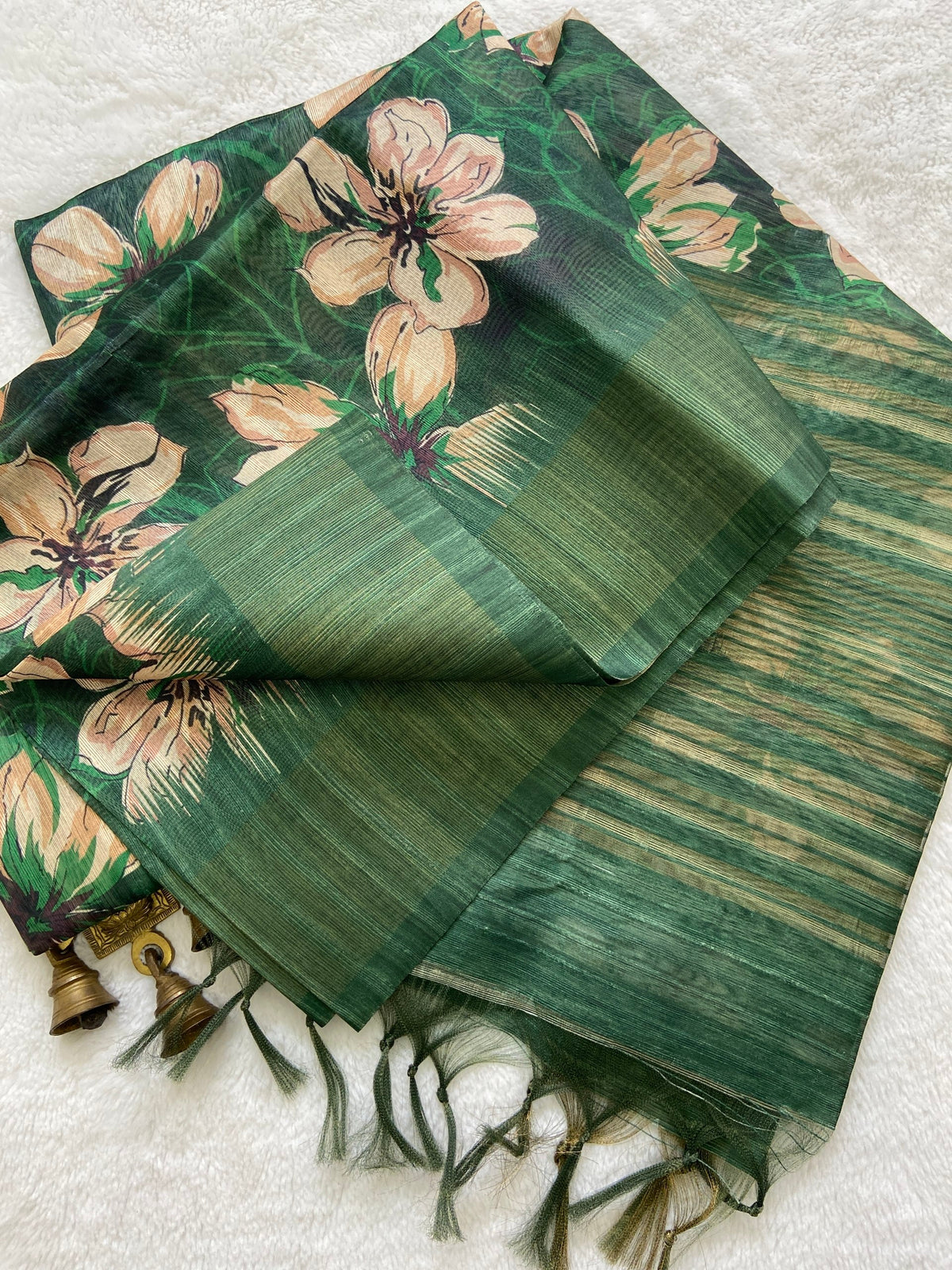 Emerald Green Floral Prints Soft Tussar Silk Saree with Tassel Pallu