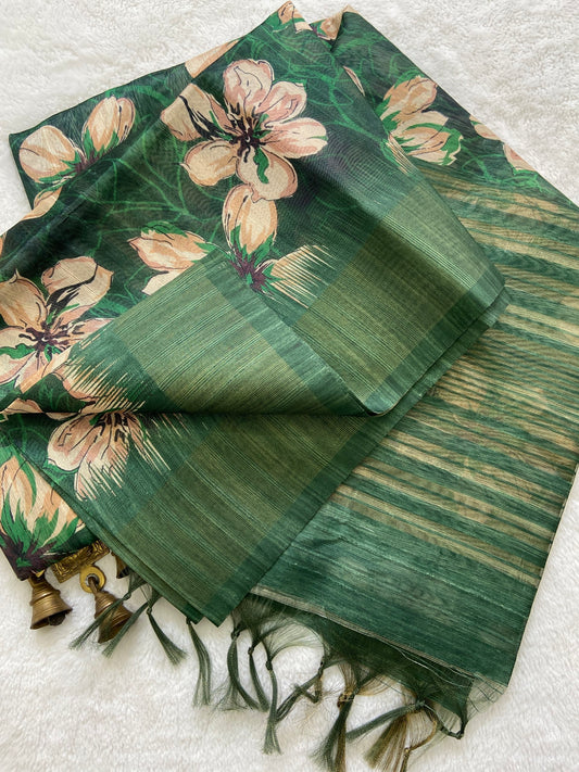 Emerald Green Floral Prints Soft Tussar Silk Saree with Tassel Pallu