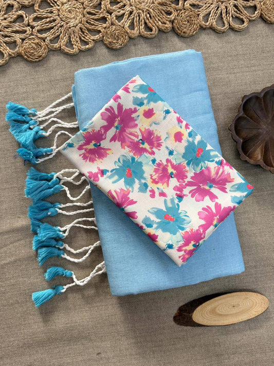 Dharma Exclusive - Sky Handloom Cotton Saree With Printed Blouse