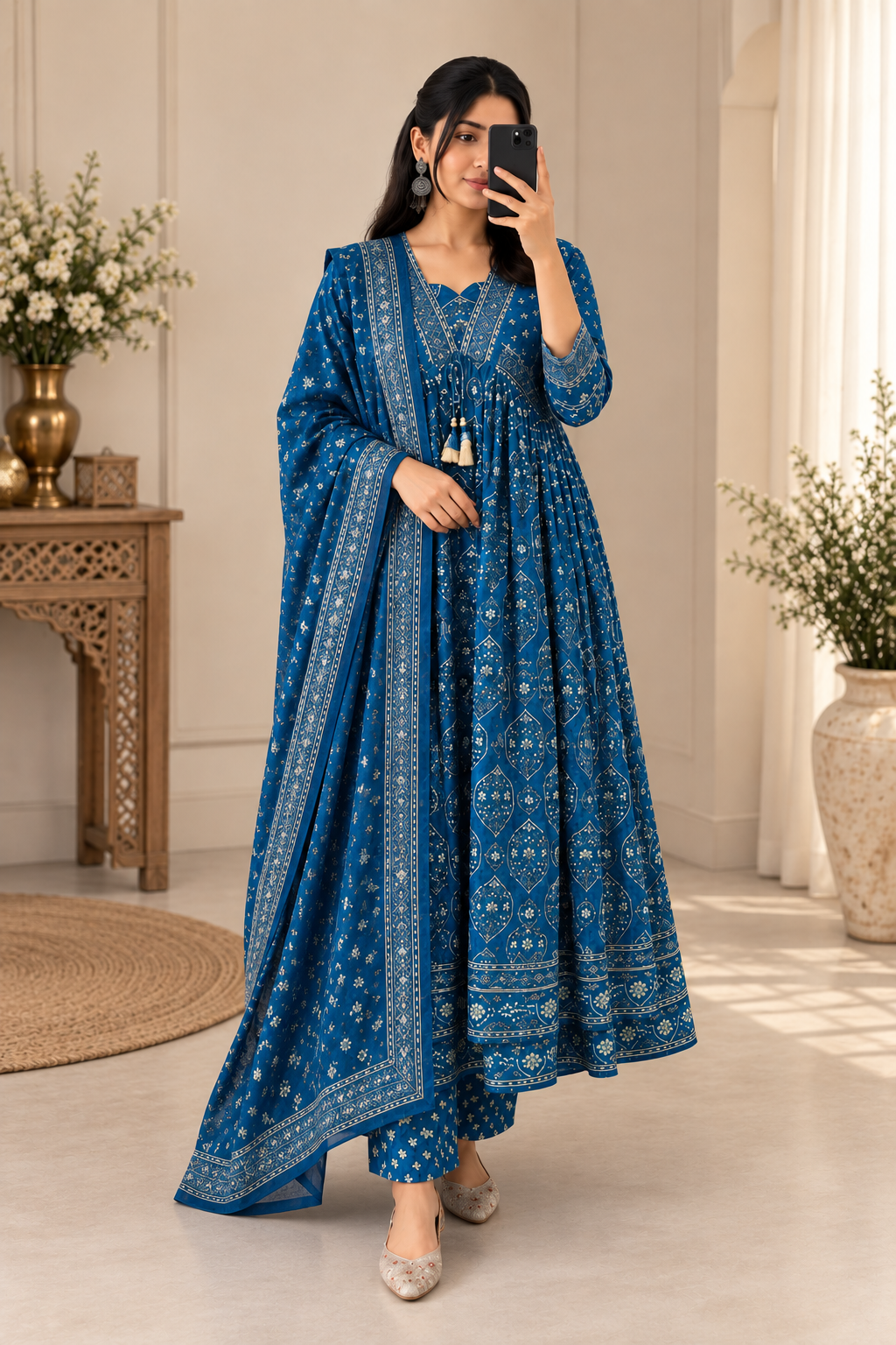 Premium Royal Blue Cotton Anarkali Suit Set