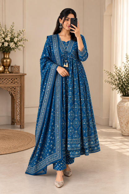 Premium Royal Blue Cotton Anarkali Suit Set