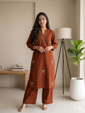 Elegant Terracotta Voile Cotton A-Line Tunic Set with Thread Work