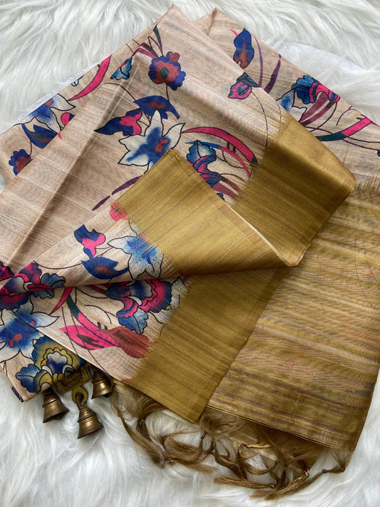 Elara Golden Aura Floral Printed Soft Tussar Silk Saree