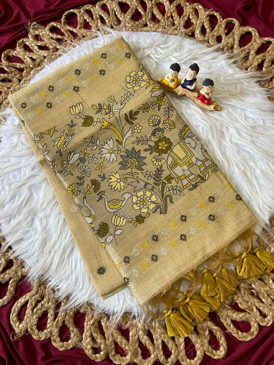 Royal Vedanshi - Beige Gold Soft Muga Cotton Paithani Saree with 3D Woven Elephant Pallu