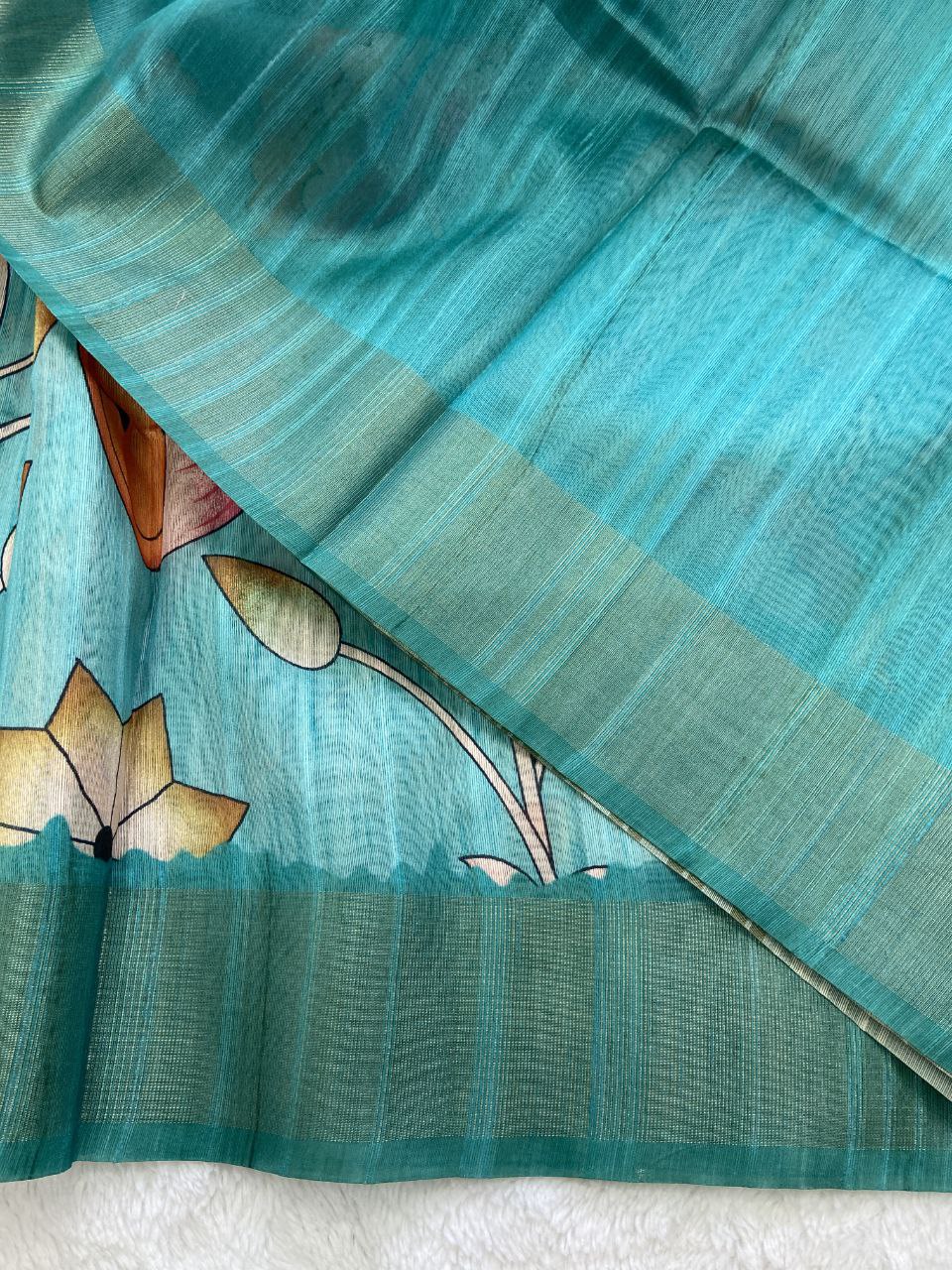 Catchy Blue Soft Tussar Silk Floral Print Saree with Zari Border