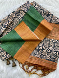 Traditional Emerald Green Soft Tussar Silk Saree with Kalamkari Block Prints