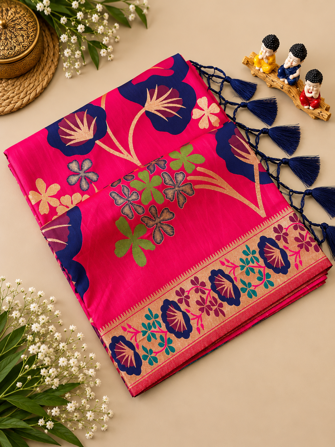 Traditional Rani Pink Soft Silk Saree with Zari Weaving and Tassels