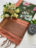 Aranya Olive-Rust Floral Print Soft Tussar Silk Saree