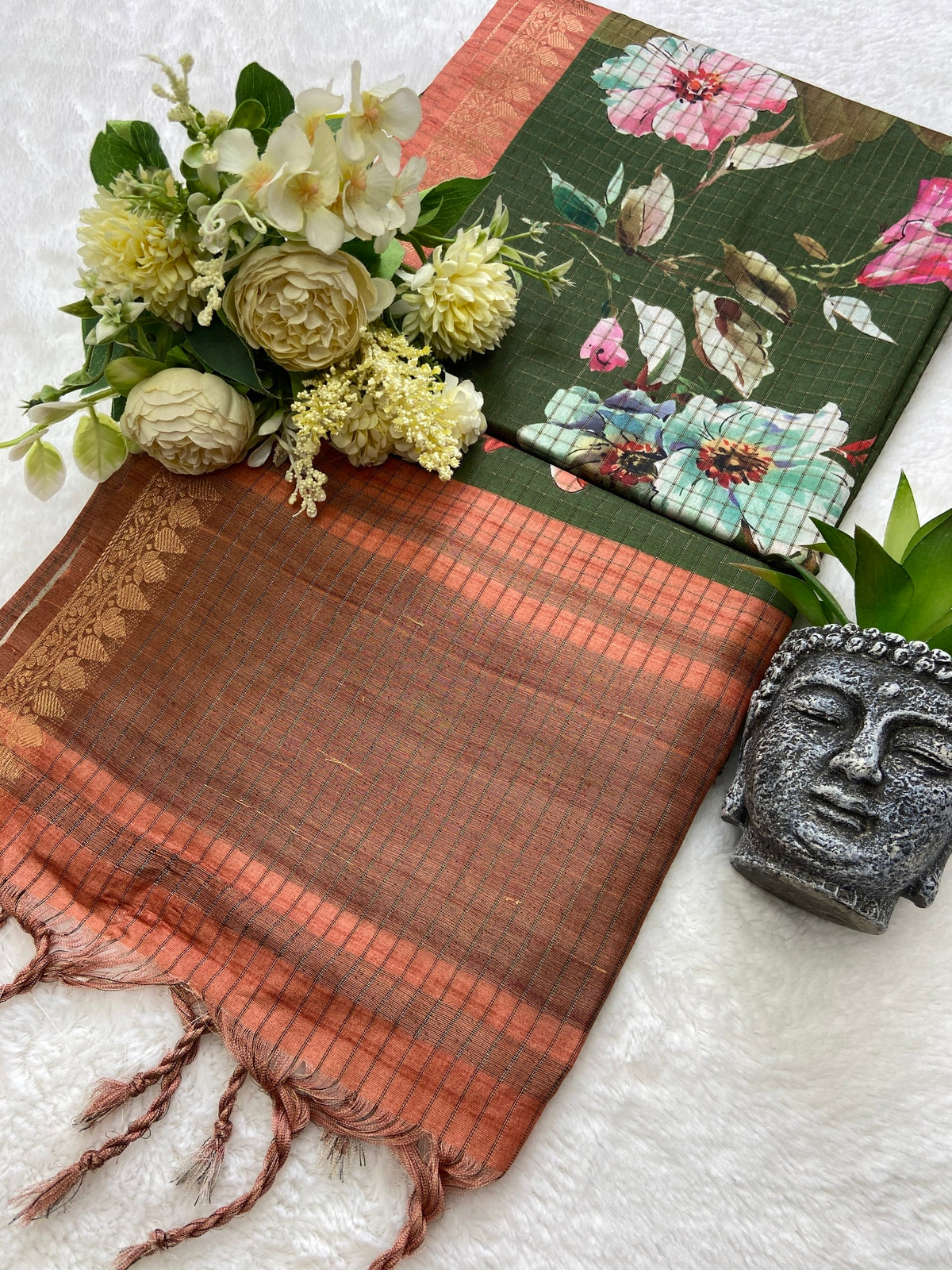 Aranya Olive-Rust Floral Print Soft Tussar Silk Saree