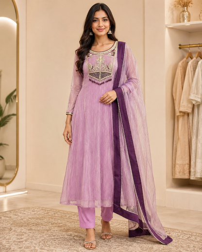 Very Beautiful Pure Salsa Silk Embroidered A-Line Anarkali Suit Set