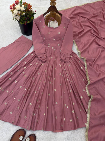 Premium Roman Silk Embroidered Anarkali Suit Set