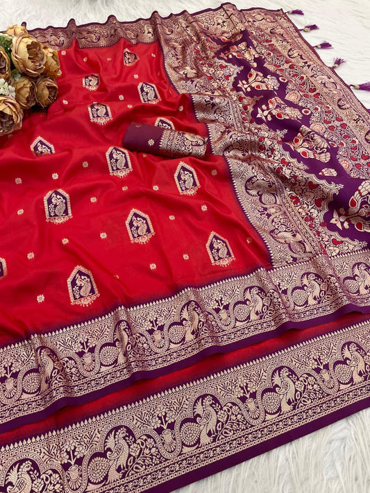 Designer Red Silk Saree with Royal Purple Peacock Zari Border