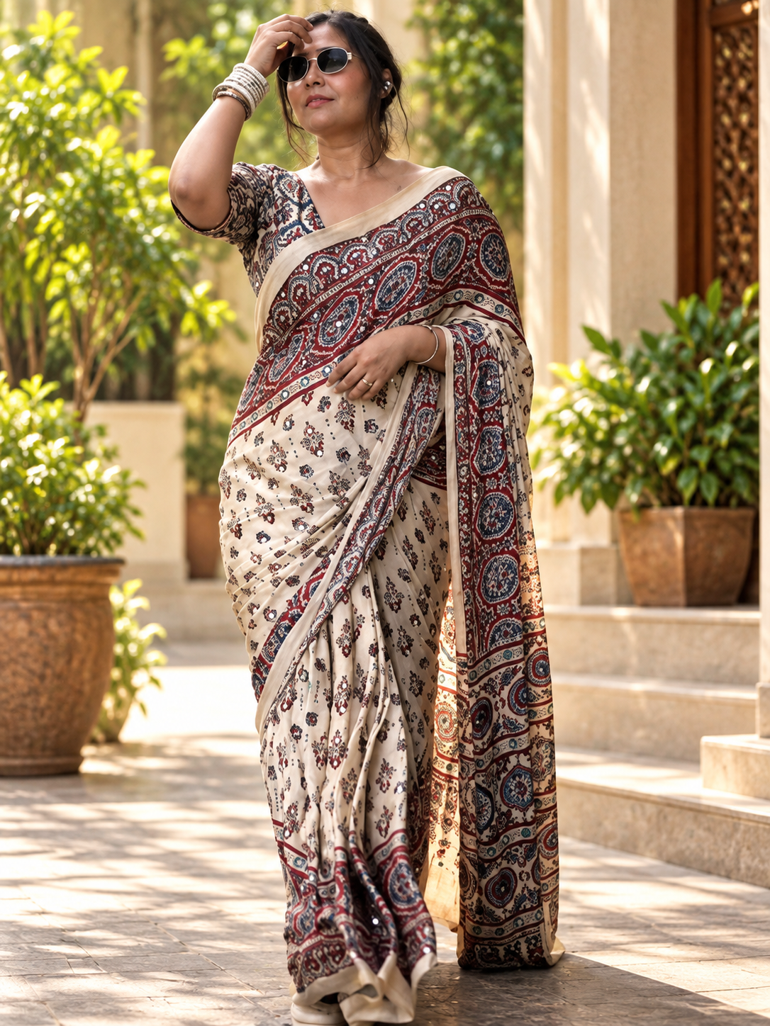 Very Beautiful Off-White Traditional Ajrakh Block-Print Gajji Silk Saree