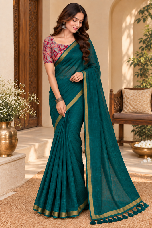 Very Beautiful Teal Green Handloom Cotton Saree With Jari Border