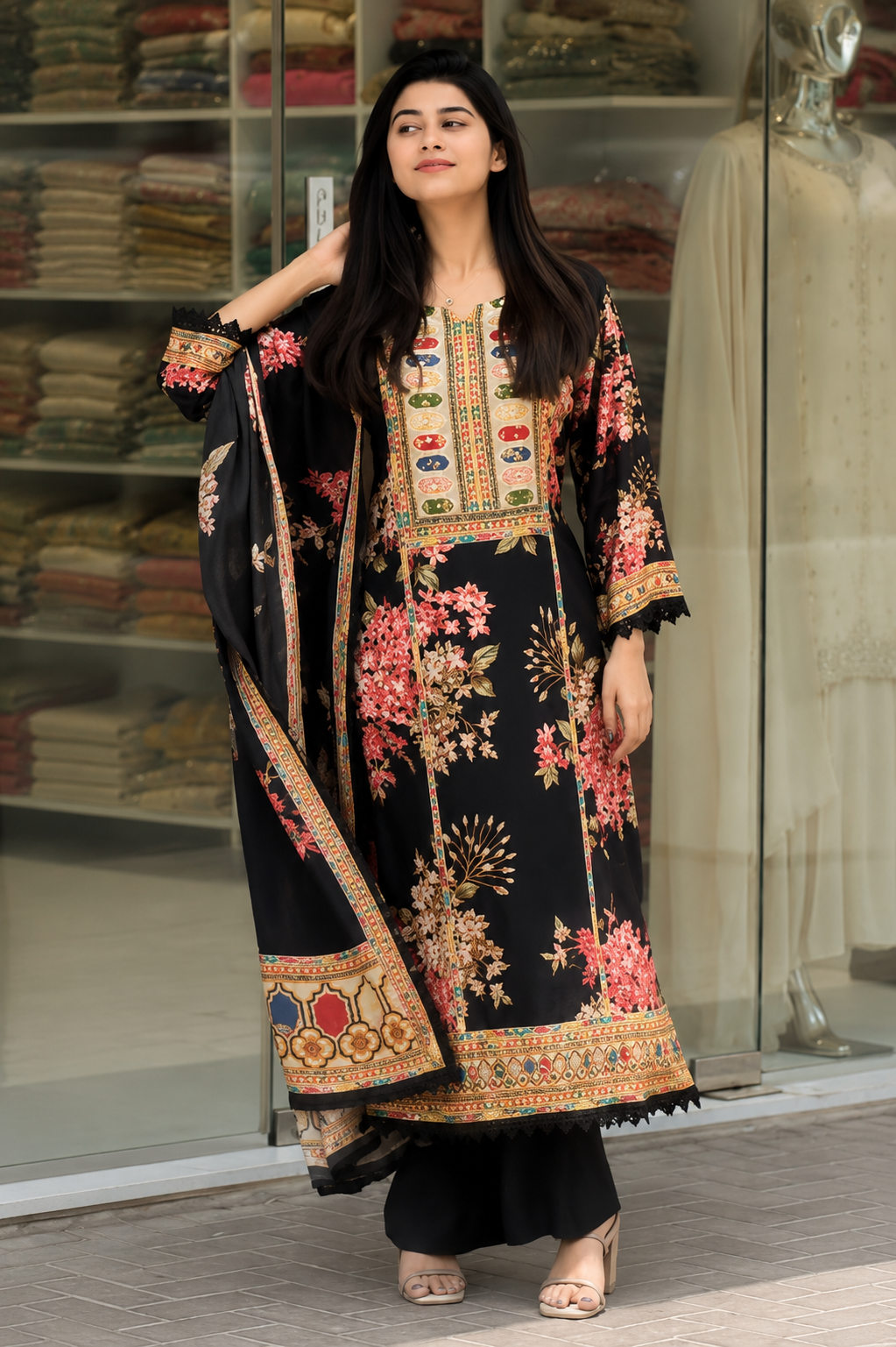 Very Attractive Floral Printed Muslin Suit Set with Sequin Embroidery Work