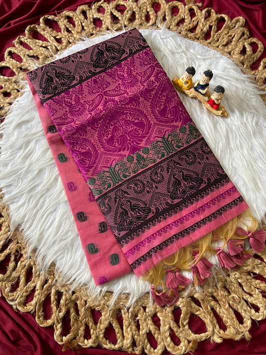 Elegant Rose Pink Premium Soft Muga Cotton Woven Saree