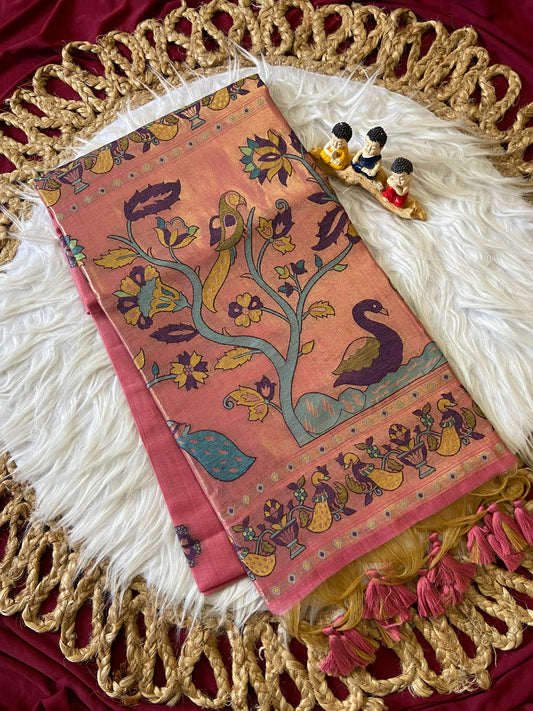 Mishika - Rose Pink Soft Muga Cotton Paithani Saree