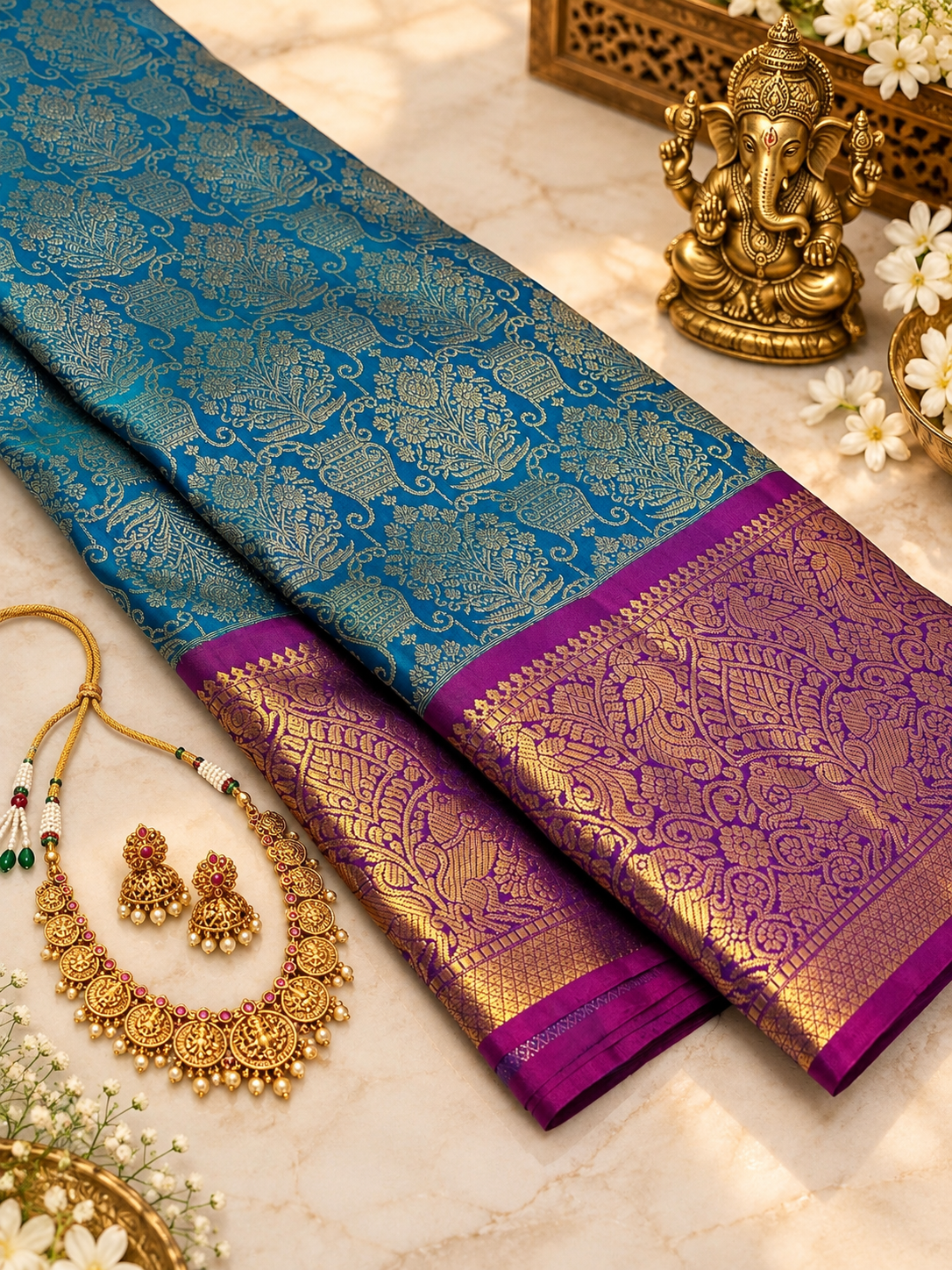 Awesome Teal Blue Pure Kanjivaram Silk Saree with Antique Gold Zari