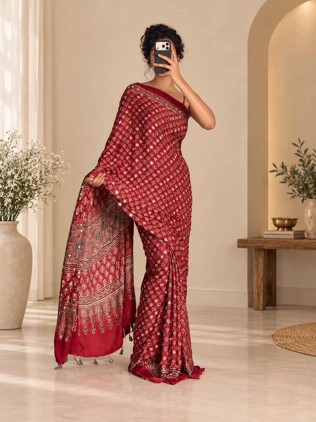 Traditional Red Pure Gajji Silk Ajrakh Saree with Handcrafted Mirror