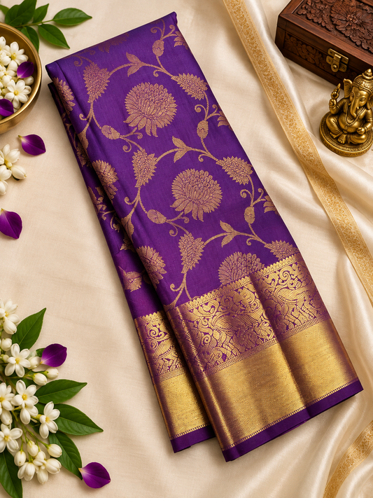 Royal Purple Handwoven Soft Banarasi Silk Saree with Intricate Gold Border