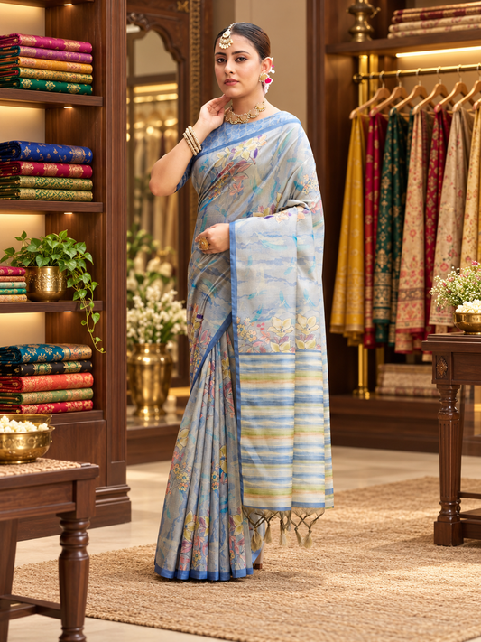 Dharma - Pastel Blue Soft Tussar Silk Saree with Elegant Floral Print Work