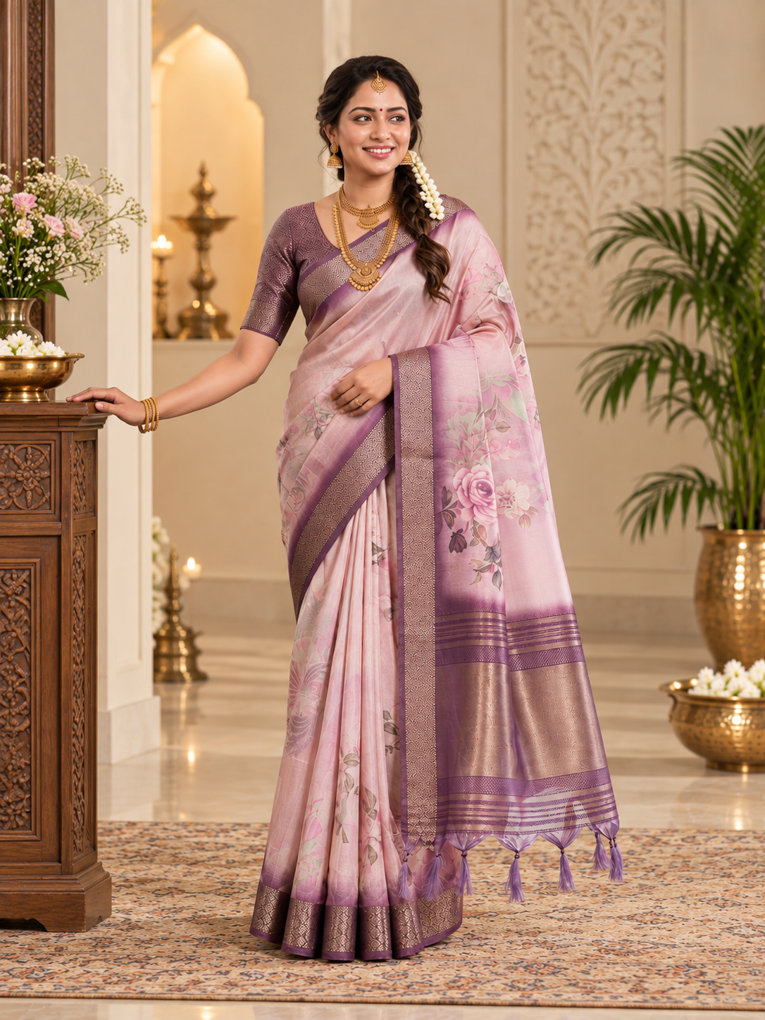 Elegant Blush Pink Soft Tissue Silk Saree with Floral Digital Prints