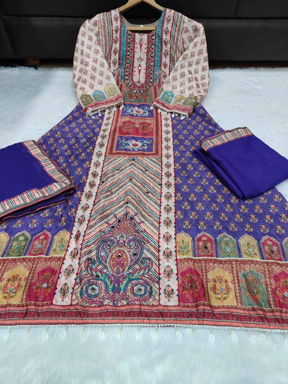 Attractive Violet Patchwork Printed Chinon Suit Set with Fancy Mirror Work