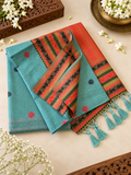 Traditional Sea Green Soft Muga Cotton Saree with Traditional Border and Tassels