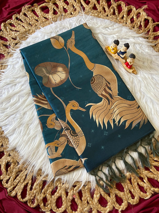 Nyra Teal Blue Crane Motif Soft Tussar Silk Saree