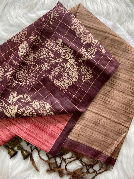 Mahira - Royal Wine Digital Printed Soft Tussar Silk Saree