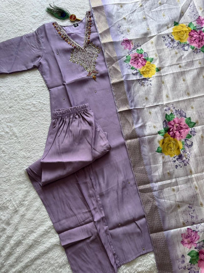 Elegant Lavender Premium Mul Chanderi Hand-Work Suit Set with Floral Dupatta