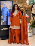 Very Attractive Orange Fandy Silk Embroidered Suit Set with Dupatta