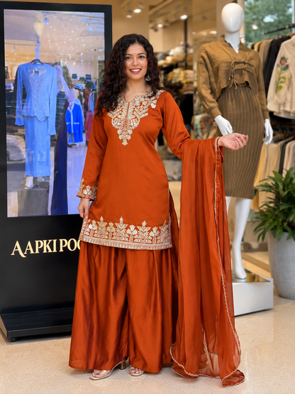 Very Attractive Orange Fandy Silk Embroidered Suit Set with Dupatta