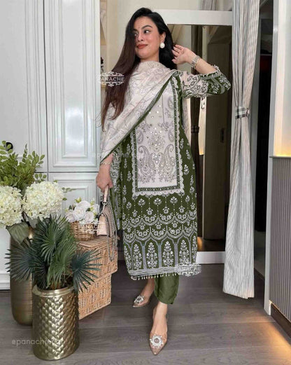 Premium Green and White Chinon Silk Salwar Suit with Premium Diamond Hand Work