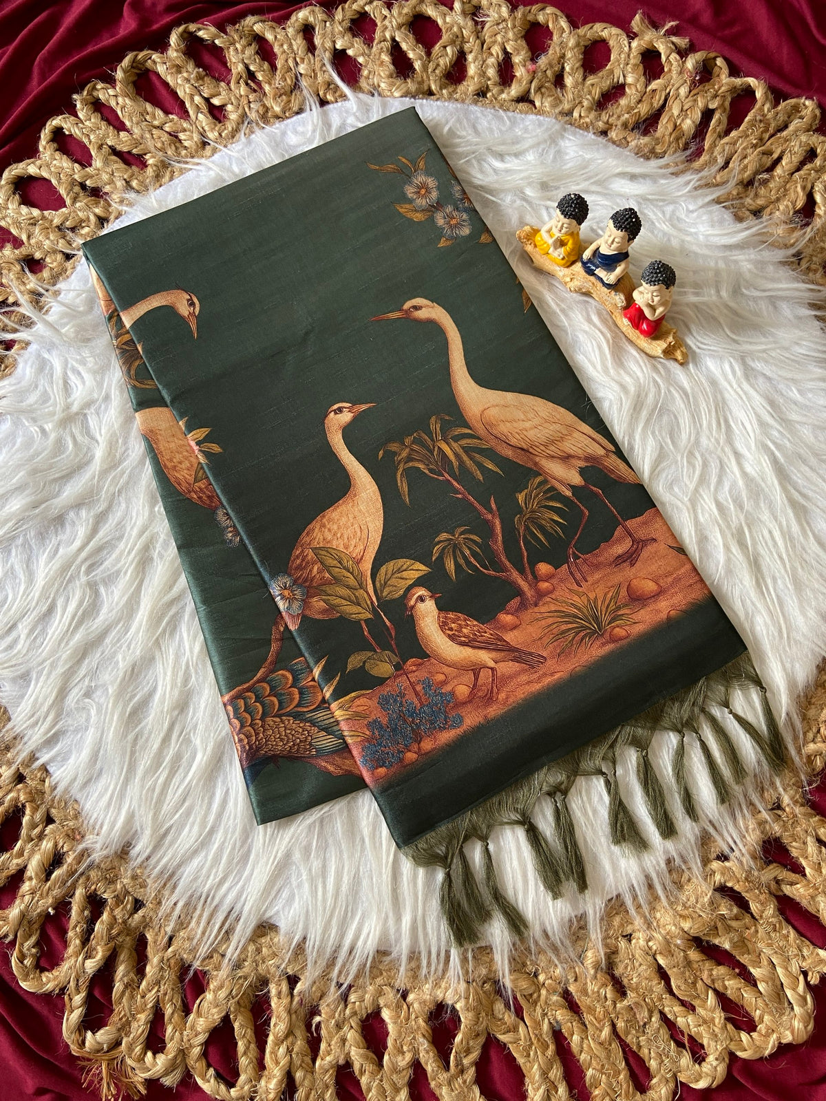 Traditional Bottle Green Crane Print Soft Tussar Silk Saree