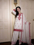 Elegant White & Red Rayon Cotton Embroidery Suit Set