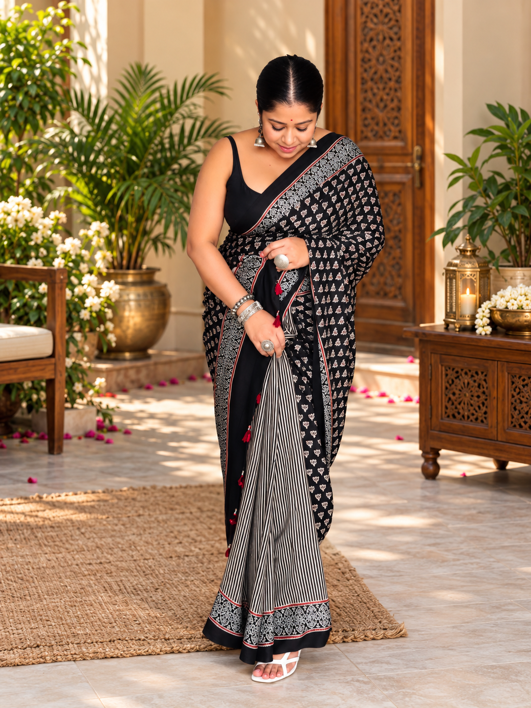 Very Beautiful Ajrakh Hand Block Printed Modal Silk Saree