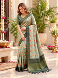 Trendy Sage Green Soft Tissue Silk Saree with Pastel Floral Print & Zari Border