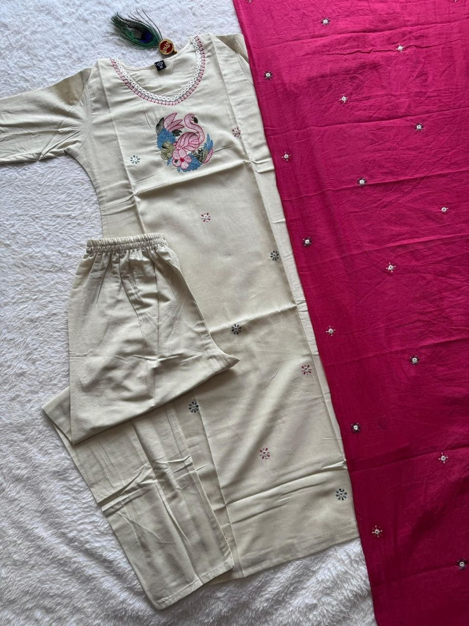 Elegant Off-White Pure Khadi Cotton Embroidered Suit Set with Rani Pink Dupatta