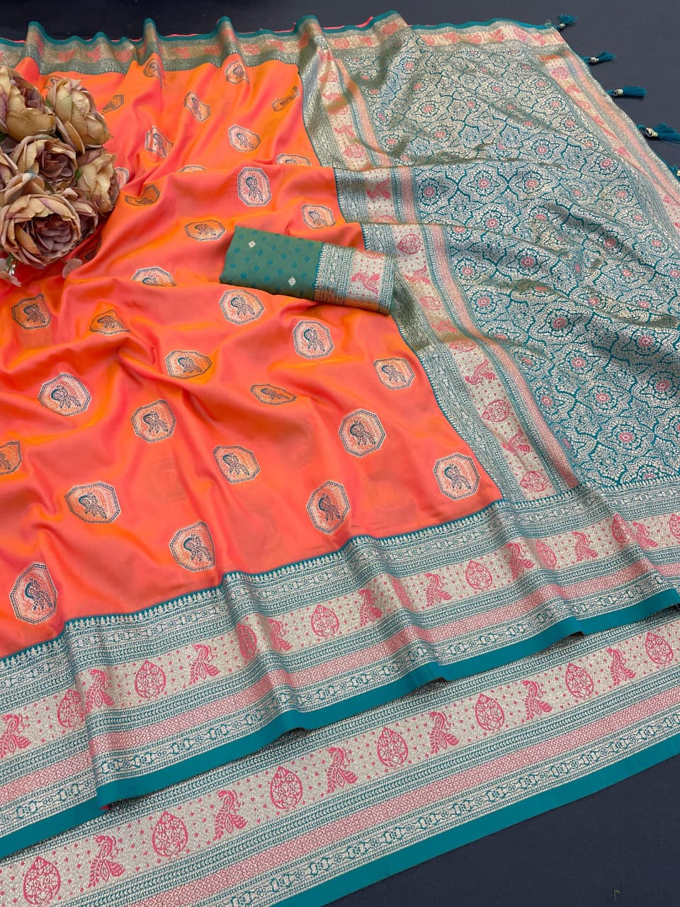 Designer Light Orange Silk Saree With Royal Rama Zari Border For Women