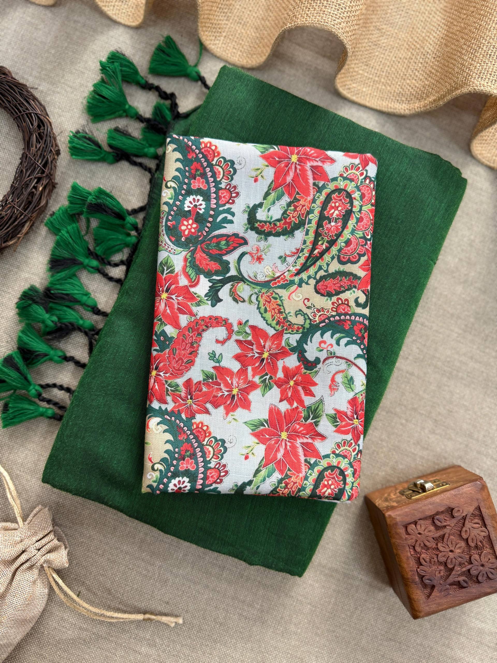 ANGELICA - GREEN HANDLOOM COTTON SAREE WITH PRINTED BLOUSE