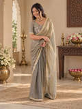 Elegant Sage Gray Fendy Silk Saree With Fancy Lace Work