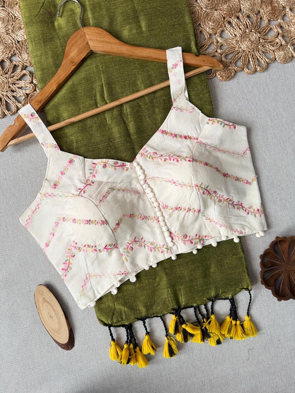 Dharma Exclusive - Mahendi Handloom Cotton Saree With Havy Embroidery Stitched Blouse