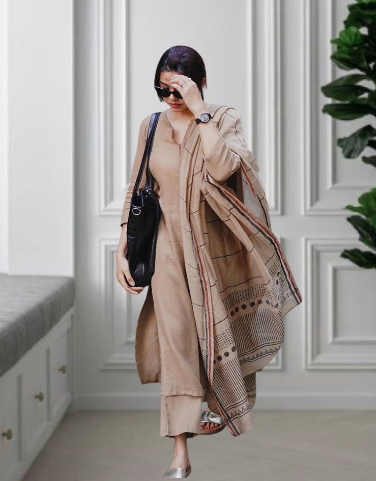 Elegant Beige Viscose Rayon Straight Kurta Pant Set with Print Dupatta