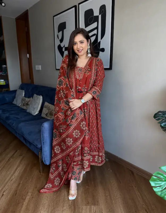 New Arrival Ajarakh Print Anarkali Suit Set
