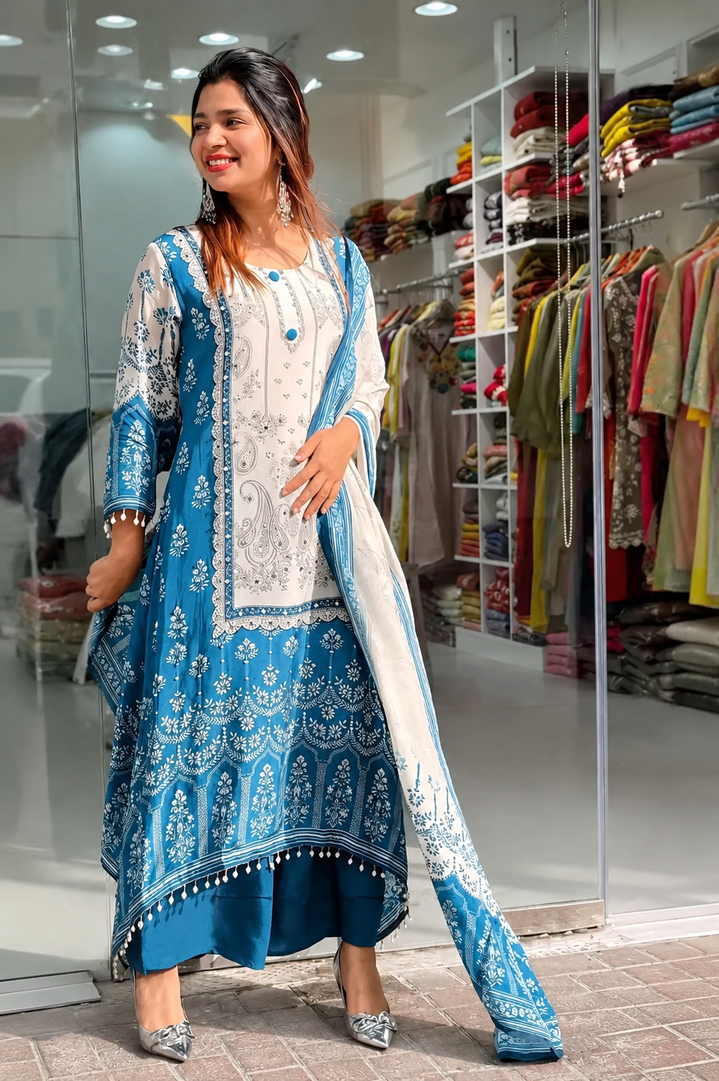 Attractive Sky Chinon Silk A-Line Suit Set with Real Mirror Hand Work